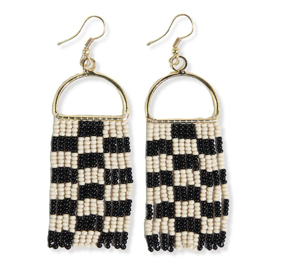 Ink & Alloy Allison Checkered Beaded Fringe Earrings Black