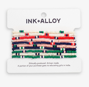 Ink & Alloy Sage Solid With Stripes Beaded 10 Strand Stretch Bracelet Set St. Tropez